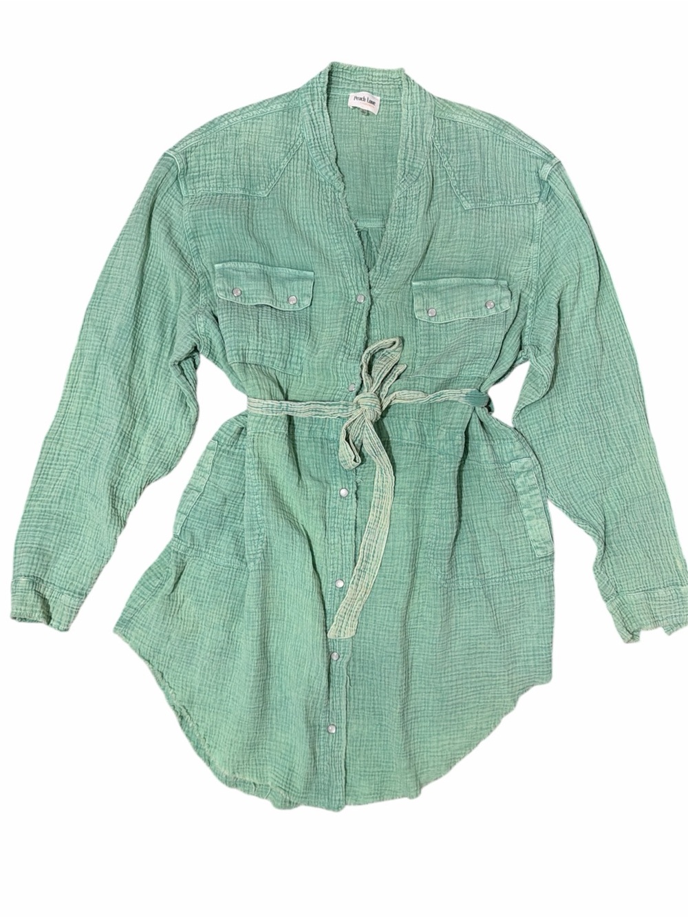 PEACH LOVE Green Distressed Gauze Button-Up Shirt Dress W Waist Tie and Pockets